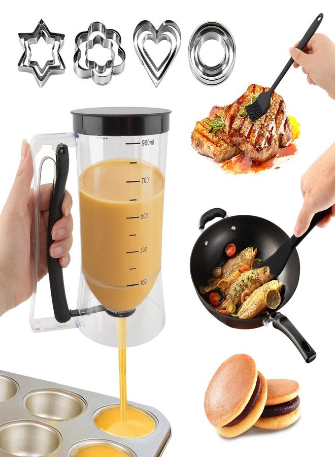 Jeyntanc Pancake Batter Dispenser With Squeeze Handle Set, No Mess & Easy Pour, Includes Muffin, Hexagram, Heart and Flower Rings, Pastry Brush and Spatula - Ideal for Pancakes, Waffles and Cupcakes - Image 2